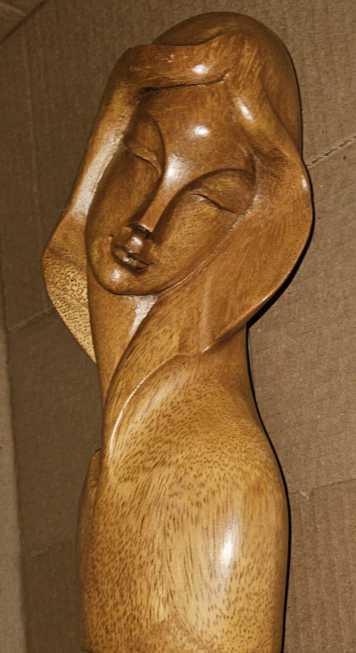 60s Mid Century Modern Carved Wood Sculpture Womans Head Bust Hawaiin Style Tiki